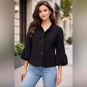 Talbots Suit Jacket Blazer 14P Black Wool Mix 3/4 Long Puff Sleeve Mod